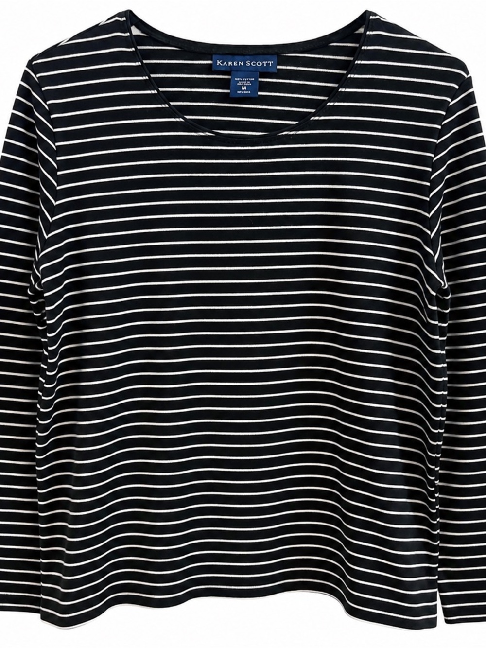 Karen Scott Black White Striped Cotton Top Medium